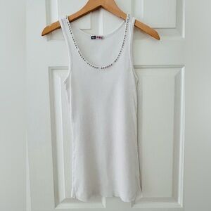 Bejeweled By Susan Fixel White Cotton Tank Top Swarovski Crystals & Stud S/M